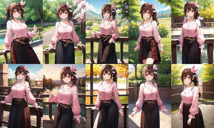 masterpiece, best quality, highres, ts2, brown eyes, pink shirt, long skirt, belt, long sleeves, breasts, <lora:tokino_sora_v20a:0.7>, cowboy shot, standing, looking at viewer, outdoors,