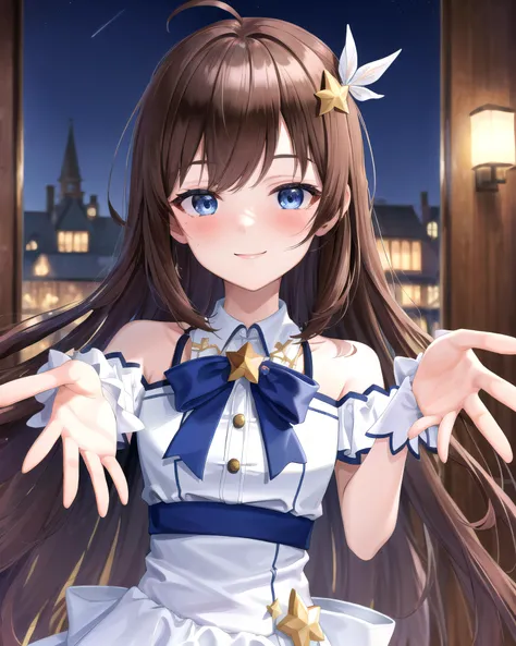 (masterpiece:1.3), (absurdres:1.3), (best quality:1.3), (ultra-detailed:1.3), (handled hair), pureerosface_v1, perfect anatomy, 1girl, solo, <lora:tokinoSoraHololive_v1:0.3>, (tokino sora, brown hair, ahoge, blue eyes, long hair, hair ornament, smile, looking at viewer, white gloves, white shirt, bare shoulders, blush, shy, embarrassed), <lora:incomingHug_v11:1>, (incoming hug, close up, upper body), bedroom, dark, candlelight, night sky, dark sky