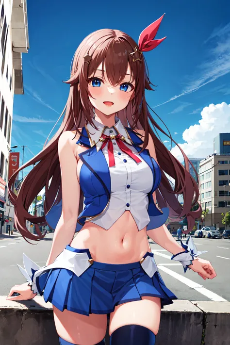 masterpiece, best quality, highres, 1girl, tokino sora, virtual youtuber, skirt, blue vest, shirt, long hair, red ribbon, blue eyes, ribbon, brown hair, sleeveless, cropped shirt, hair flaps, white shirt, hair ornament, sleeveless shirt, thighhighs, blue skirt, pleated skirt, cropped vest, hair ribbon, vest, navel, blue thighhighs, midriff, miniskirt, wrist cuffs, star hair ornament, thigh ribbon, waist cape, collared shirt, hairclip, crop top, bangs, neck ribbon, leg ribbon, breasts, bare shoulders, <lora:tokino_sora_v2:0.6>, street,