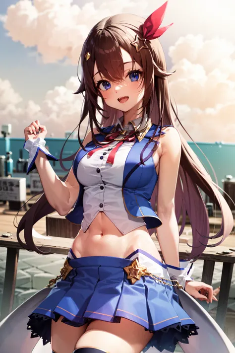 masterpiece, best quality, highres, 1girl, tokino sora, virtual youtuber, skirt, blue vest, shirt, long hair, red ribbon, blue eyes, ribbon, brown hair, sleeveless, cropped shirt, hair flaps, white shirt, hair ornament, sleeveless shirt, thighhighs, blue skirt, star (symbol), pleated skirt, cropped vest, hair ribbon, vest, navel, blue thighhighs, midriff, miniskirt, wrist cuffs, star hair ornament, thigh ribbon, waist cape, collared shirt, hairclip, crop top, bangs, neck ribbon, leg ribbon, breasts, bare shoulders, <lora:tokino_sora_v2:0.7>,