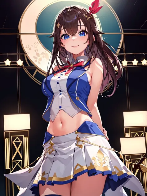 masterpiece, best quality, highres, 1girl, tokino sora, virtual youtuber,solo, light smile, closed mouth, (beautiful detailed eyes:1.4),(upper body),(focus on face:1.2),(arms behind back:1.4),[from below],<lora:tokinoSoraHololive_v1:0.6>