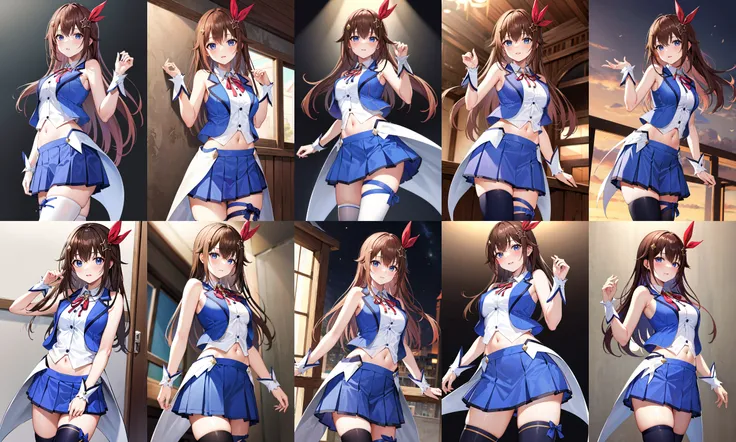 masterpiece, best quality, highres, ts1, white shirt, blue vest, sleeveless, blue thighhighs, blue skirt, waist cape, wrist cuffs, leg ribbon, neck ribbon, midriff, breasts, <lora:tokino_sora_v20a:0.7>, cowboy shot, standing, looking at viewer