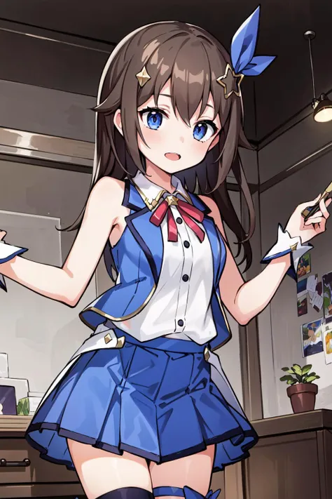 (masterpiece, best quality), intricate details, 8k, artstation, wallpaper, official art, splash art, sharp focus,
1girl, <lora:tokino_sora_v20a:0.8> ts1, white shirt, blue vest, sleeveless, blue thighhighs, blue skirt, wrist cuffs, neck ribbon,