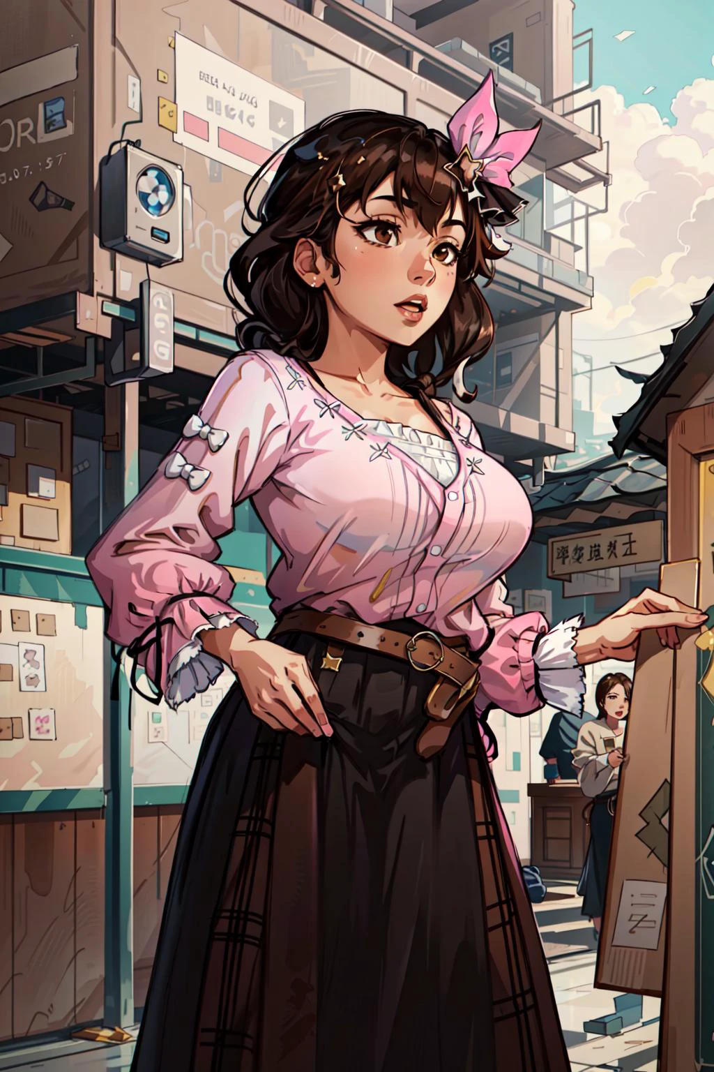 (masterpiece, best quality), intricate details, 8k, artstation, wallpaper, official art, splash art, sharp focus,
1girl, <lora:tokino_sora_v20a:0.8>ts2, brown eyes, pink shirt, long skirt, belt, long sleeves, breasts