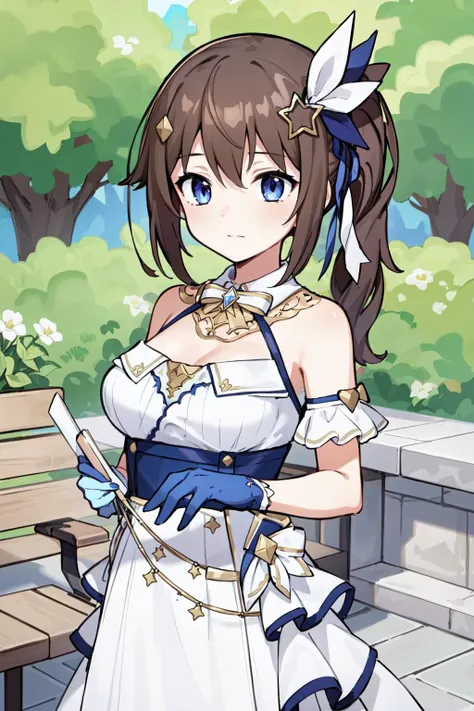 (masterpiece, best quality), intricate details, 8k, artstation, wallpaper, official art, splash art, sharp focus,
1girl, <lora:tokino_sora_v20a:0.8>ts3, side ponytail, white dress, blue gloves, bare shoulders, breasts