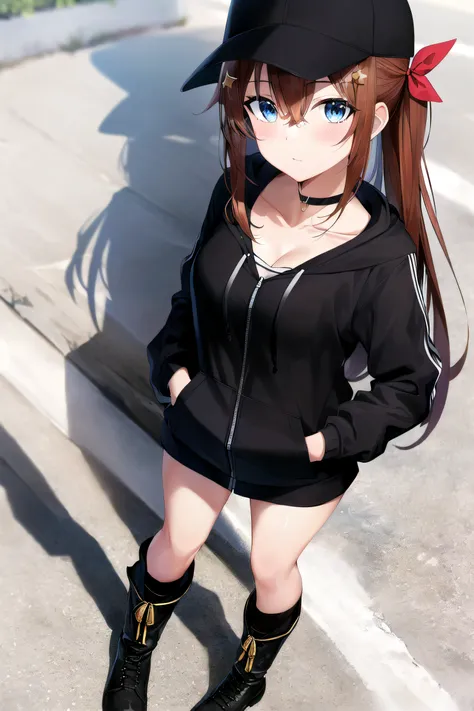 (masterpiece:1.3), (absurdres:1.3), (best quality:1.3), hand of Guido Daniele, (ultra-detailed:1.3),(best shadow:0.7), (handled hair),
1girl, solo, ts1, brown hair, bang between eyes, long hair, blue eyes, breasts, cleavage, red hair_ribbon, star hair_ornament, black choker, black baseball_cap, (black hoodie, open_hoodie), long sleeve, black boots, hands_in_pockets, standing, from above,