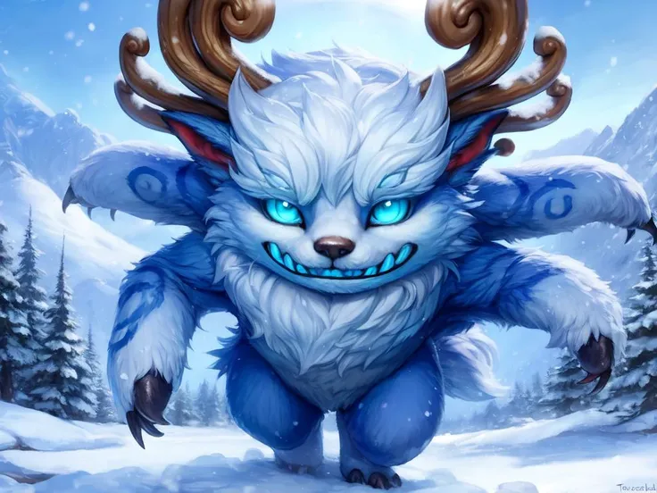 <lora:WillumpGameNunuSongYif:1>   WillumpGameNunuSong, blue glowing eyes, (blue teeth), horns, (four arms), tail, bed blue fur, fur patterns, black claws, pointed ears, grin,
solo,   looking at viewer,
(beautiful, aesthetic, perfect, delicate, intricate, masterpiece, )  textured fur, [Winter, snow, nature, mountains and sky with clouds, snow mountains, clear day, pine forest,]
[by kenket|by totesfleisch8], by thebigslick:by silverfox5213:0.8], [by syuro, by paloma-paloma::0.2, (Tricksta, TotesFleisch8)