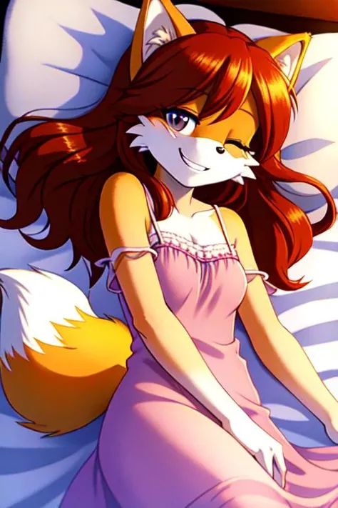 <lora:tailsko:1> tailsko, furry, anthro fox girl, nightdress,  lying on bed, grin, one eye closed, one eye open,
(masterpiece:1.2), (highly detailed:1.2), (intricate:1.2), (best quality:1.2), (realistic:1.2), (photographic:1.2),
cinematic light, vivid colors