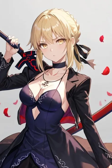 best quality, masterpiece, highres, solo, {altria_pendragon_alter_fgo:1.15}, blonde_hair, yellow_eyes, bangs, , ribbon, braid, sidelocks, , hair_ribbon, hair_between_eyes, 1girl, choker, cleavage, cross, flower, jewelry, necklace, one_eye_closed, purple_eyes, short_hair, cross_necklace, nail_polish, string, sword, upper_body, weapon, black_dress, dress, looking_at_viewer, string_of_fate