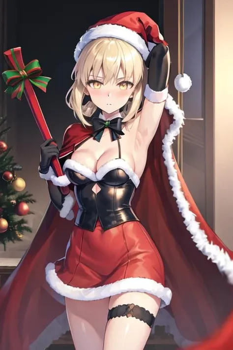 best quality, masterpiece, highres, solo, {altria_pendragon_alter_fgo:1.15}, blonde_hair, yellow_eyes, bangs, , ribbon, braid, sidelocks, , hair_ribbon, hair_between_eyes, 1girl, cape, cleavage, fur_trim, gloves, hat, looking_at_viewer, santa_costume, santa_hat, christmas, fur-trimmed_cape, sack, arm_up, armpits, black_gloves, blue_headwear, blush, bow, choker, closed_mouth, fur-trimmed_headwear