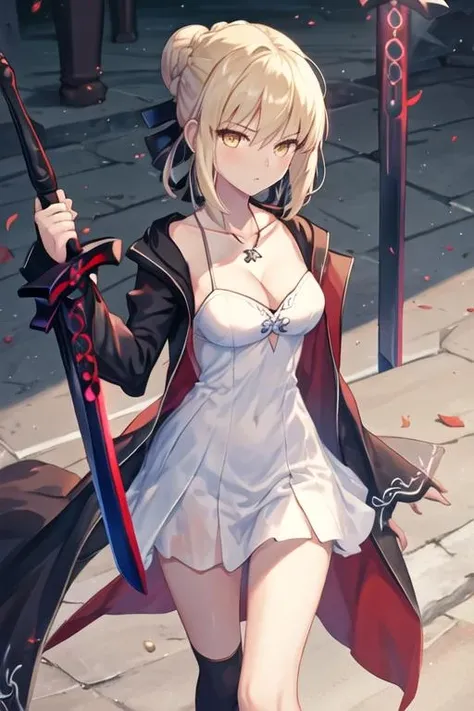 best quality, masterpiece, highres, solo, {altria_pendragon_alter_fgo:1.15}, blonde_hair, yellow_eyes, bangs, breasts, ribbon, braid, sidelocks, medium_breasts, hair_ribbon, hair_between_eyes, 1girl, cleavage, dress, excalibur_morgan_\(fate\), holding_sword, long_sleeves, sword, weapon, black_dress, holding, holding_weapon, looking_at_viewer, collarbone, french_braid, hair_bun, single_hair_bun, short_hair