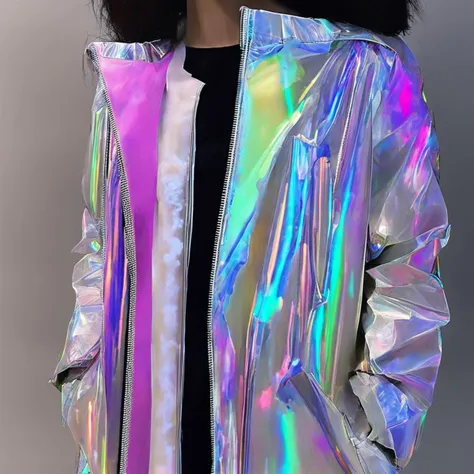 um close de uma mulher com uma jaqueta brilhante e shorts, iridescent sci-fi kimono, casaco elegante para uma rave, casaco para uma rave, cor iridescentee, detalhes iridescentees, iridescent aesthetics, cores iridescentees, acentos iridescentees. vibrante, vestindo futurista, Cores iridescentees, iridescente, Holographic!!!, cores iridescentees vibrantees, metais iridescentees