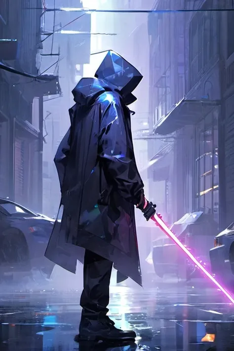 1man wear holographic clothing,(a dilapidated city:0.8),(a foggy and rainy night:0.9),holding a laser sword,(black_cloud:0.5),(thunderstorm:0.4),city background,<lora:laserXL:0.8>,<lora:gloomyXL:0.6>,gloomy,(holographic:0.8),(masterpiece:0.8),(best quality:1.2),(highly detailed:0.8),(photorealistic:1.2),(style of Chris Cold:0.6),(style of Pascal Campion:0.6),