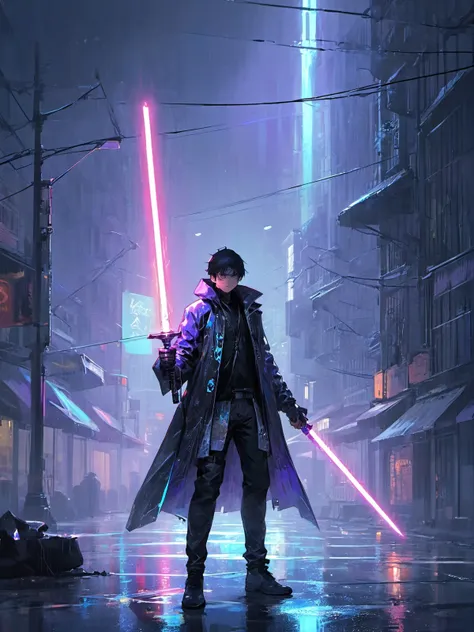 1man wear holographic clothing,(a dilapidated city:0.8),(a foggy and rainy night:0.9),holding a laser sword,(black_cloud:0.5),(thunderstorm:0.4),city background,<lora:laserXL:0.8>,<lora:gloomyXL:0.6>,gloomy,(holographic:0.8),(masterpiece:0.8),(best quality:1.2),(highly detailed:0.8),(photorealistic:1.2),(style of Chris Cold:0.6),(style of Pascal Campion:0.6),