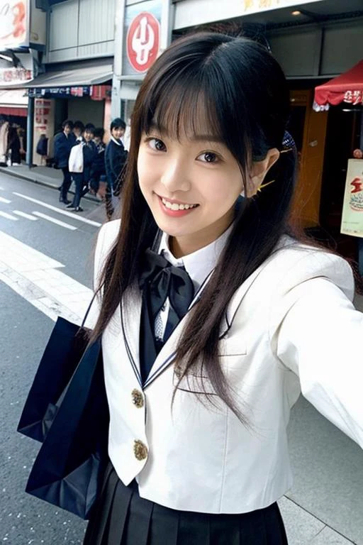 from front,selfie photo of an 18-year-old cute and petite Japanese woman named idols69, <lora:idols69_V0.5:0.75> solo, school uniform, realistic, (black hair and bangs and twintails and long hair),black eyes, looking at viewer, grin and detailed teeth, lips,School <lyco:film grainV3:0.6>, (best aesthetic:1.2) and (best quality:1.2) and (photorealistic:1.4) and (Realistic:1.4) and detailed skin textures and detailed skin pores and high skin detail,real world location,photo background,Tokyo shopping street background, Japan
