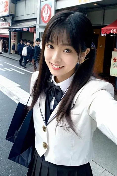 from front,selfie photo of an 18-year-old cute and petite Japanese woman named idols69, <lora:idols69_V0.5:0.75>  solo, school uniform, realistic, (black hair and bangs and twintails and long hair),black eyes, looking at viewer, grin and detailed teeth, lips,School <lyco:film grainV3:0.6>, (best aesthetic:1.2) and (best quality:1.2) and (photorealistic:1.4) and (Realistic:1.4) and detailed skin textures and detailed skin pores and high skin detail,real world location,photo background,Tokyo shopping street background, Japan