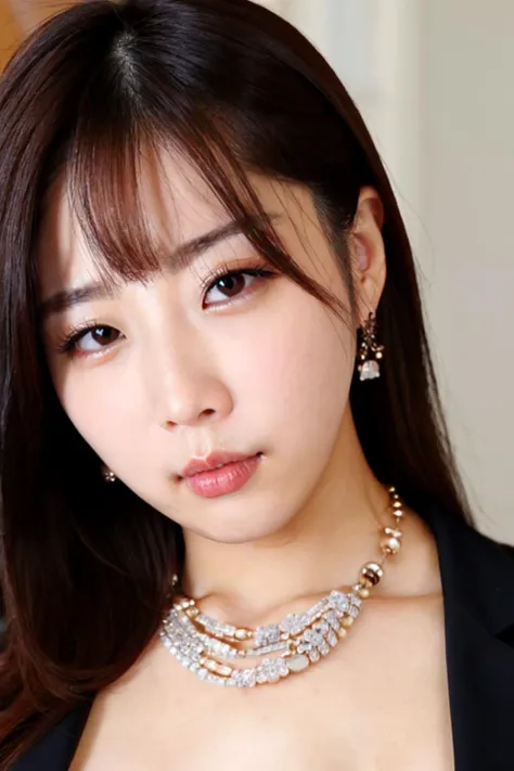 photo of a sexy Korean idol,face,Detailed pupils,skin texture,(From front),Detailed eyes,sexy, seductive,necklaces, earrings, jewelry,eye shadow,skin pores,<lyco:Asian_Babe_porn-amateurV5:0.7>,face Close-up,asianbabe,cleavage visible