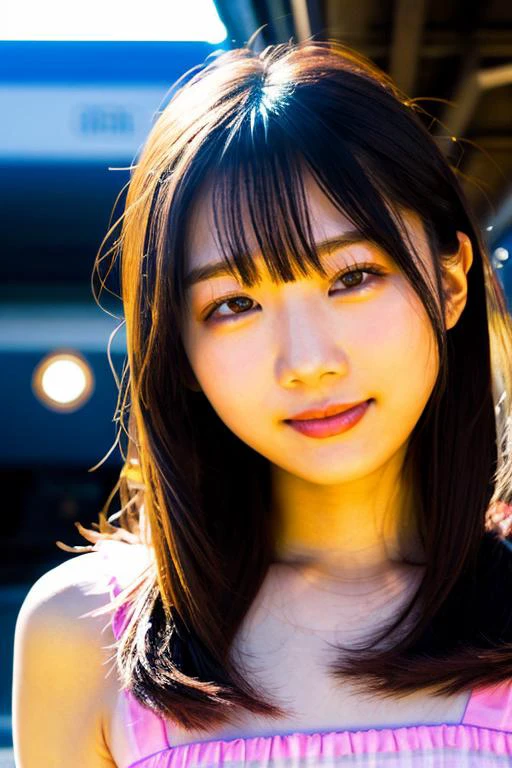 best quality and best aesthetic,a photo of a cute 18-year-old japanese woman named asianbabe <lyco:Asian_Babe_porn-amateurV5:0.7>,sexually suggestive and Smiling to seduce the audience,wearing a dress,blunt bangs,(makeup,eyeshadow),eyelash,(photorealistic,realistic,skin texture,skin pores,high skin detail),upper body,detailed face, detailed facial features,detailed eyes,face,looking at viewer,Outdoor,train station background, Fujifilm XT3,film still,film grain,cinematic <lyco:film grainV2:0.4>
