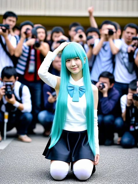 a beautiful 18-year-old Chinese woman,
view of a woman from front,multiple clothed male photographers taking photos of a woman with cameras,multiple clothed male photographers taking photos of the same woman with phones,multiple photographer backgrounds,woman focus,woman facing viewer,woman looking away,woman full body visible,woman arm up,her other hand was on her thigh,woman is kneeling on one foot,detached sleeves,taking picture,long hair,skirt,crowd,multiple photographers wearing mouth mask,thighhighs,woman with aqua hair,twintails,very long hair,bow,hair ornament,cosplay,one knee,bowtie,smile,sleeveless,black skirt,bare shoulders,white boots,white shirt,bangs,outdoors
<lora:cosplay & multiple photographer backgrounds_V1:0.7>,<lora:depth of field slider v1-æ¯æ·±:-6>,depth of field,blurry background <lora:asianbabe_V6:0.5>
outdoors,square,, <lora:LCM_LoRA_Weights_SD15å éå¨:1>