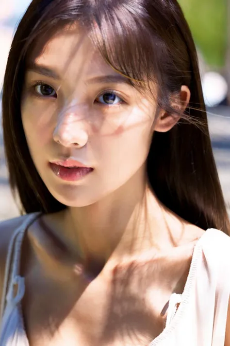 from front,a photo of an 18-year-old Asian woman named asianbabe,<lora:asianbabe_V6:0.8>, (best aesthetic:1.2) and (best quality:1.2) and (photorealistic:1.4) and (realistic:1.4) and detailed skin textures and detailed skin pores and high skin detail, looking at viewer and facing viewer,(cleavage,sexy dress,downblouse,medium breasts),[face close-up],Outdoors, city background, keylight reflection on eyes,detailed iris,detailed pupil