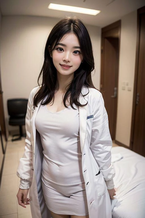 (open labcoat over scrubs:1.477), shiny skin, slim body, 30 year old ((medium breasts)) Asian woman, Japanese woman, (fingersmile:1.5), ((narrow waist)), (wide hips), hospital bed, (cowboy shot), photo, black hair, pale skin, 1girl, ultra high res, realistic photorealistic, ultra-detailed, finely detailed, high resolution, perfect dynamic composition, (perfect eyes), (detailed eyes), solid circle eyes, ccurate, sparkling eyes, (clean eyes), anatomically correct, super detail, textured skin, extremely detailed face and eyes, detailed facial features, ((perfect face)),