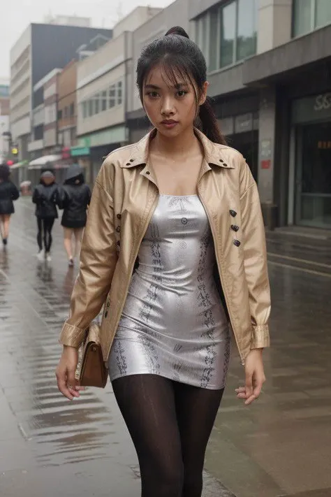 indonesian girl , walking in the street when its raining, wet hair,
, very long legs, extremely small micro wet dress, ponytail, Slim body, fine tune face, unbuttoned jacket, wet patterned_tights,, abs,
