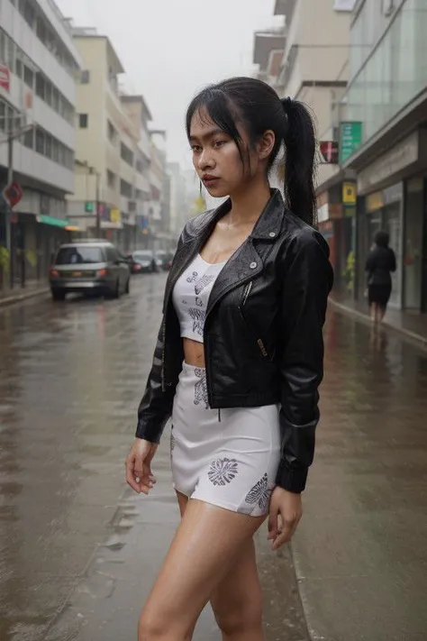 indonesian girl , walking in the street when its raining, wet hair,
,  very long legs, extremely small micro wet dress, ponytail, Slim body, fine tune face, unbuttoned jacket, wet patterned_tights,, abs,