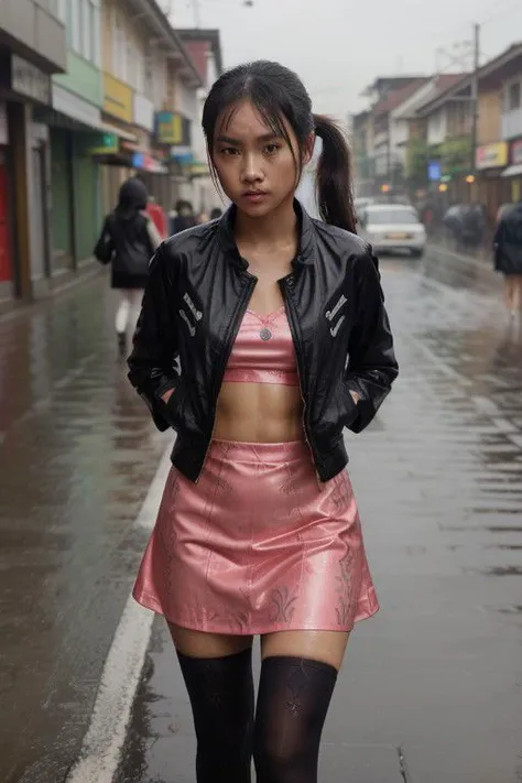 indonesian girl , walking in the street when its raining, wet hair,
,  very long legs, extremely small micro wet dress, ponytail, Slim body, fine tune face, unbuttoned jacket, wet patterned_tights,, abs,