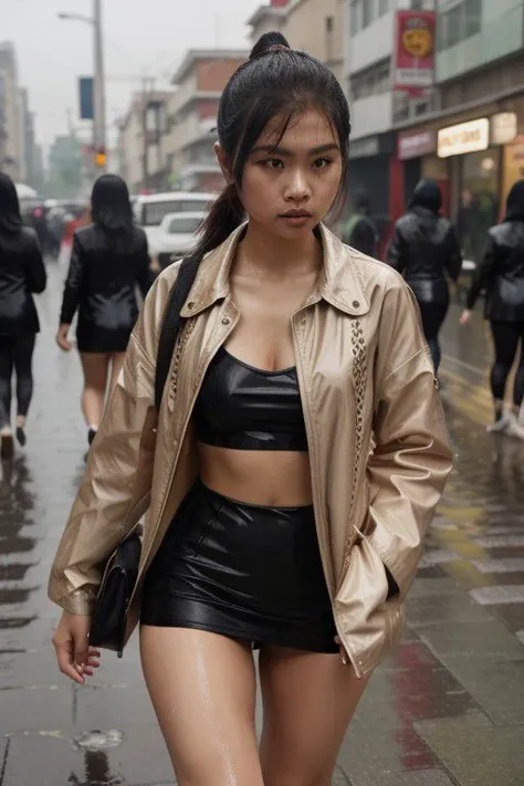 indonesian girl , walking in the street when its raining, wet hair,
, very long legs, extremely small micro wet dress, ponytail, Slim body, fine tune face, unbuttoned jacket, wet patterned_tights,, abs,