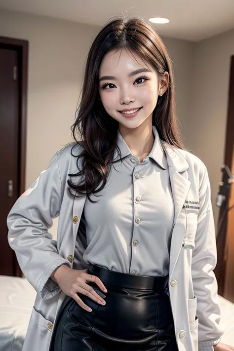 (open labcoat , shirt, pencil skirt :1.477), shiny skin, slim body, 30 year old ((medium breasts)) Asian woman, Japanese woman, (fingersmile:1.5), ((narrow waist)), (wide hips), hospital bed, (cowboy shot), photo, black hair, pale skin, 2girls, ultra high res, realistic photorealistic, ultra-detailed, finely detailed, high resolution, perfect dynamic composition, (perfect eyes), (detailed eyes), solid circle eyes, ccurate, sparkling eyes, (clean eyes), anatomically correct, super detail, textured skin, extremely detailed face and eyes, detailed facial features, ((perfect face)),