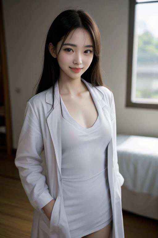 (open labcoat over scrubs:1.477), shiny skin, slim body, 30 year old ((small breasts)) Asian woman, Japanese woman, (fingersmile:1.5), ((narrow waist)), (wide hips), hospital bed, (cowboy shot), photo, black hair, pale skin, 1girl, ultra high res, realistic photorealistic, ultra-detailed, finely detailed, high resolution, perfect dynamic composition, (perfect eyes), (detailed eyes), solid circle eyes, ccurate, sparkling eyes, (clean eyes), anatomically correct, super detail, textured skin, extremely detailed face and eyes, detailed facial features, ((perfect face)),