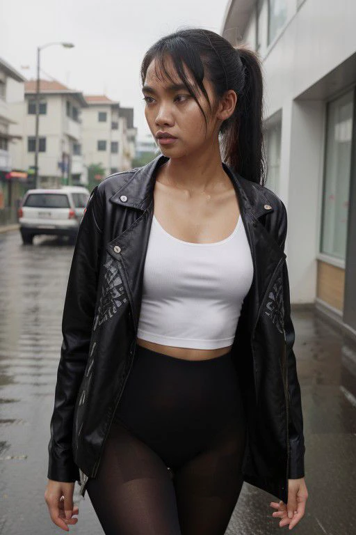 indonesian girl in the office, walking in the street when its raining, wet hair, wet clothes
, umbarella, very long legs, extremely small micro dress ponytail, Slim body, fine tune face, unbuttoned jacket, patterned_tights,, abs,