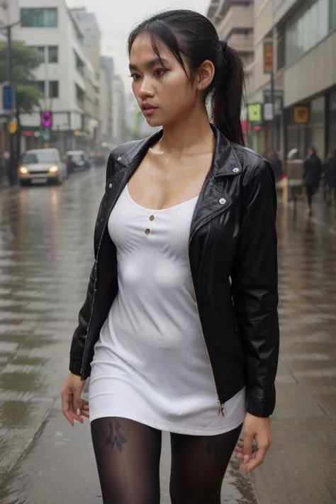 indonesian girl , walking in the street when its raining, wet hair,
,  very long legs, extremely small micro wet dress, ponytail, Slim body, fine tune face, unbuttoned jacket, wet patterned_tights,, abs,