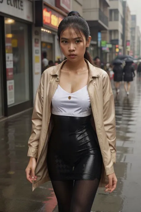 indonesian girl , walking in the street when its raining, wet hair,
, very long legs, extremely small micro wet dress, ponytail, Slim body, fine tune face, unbuttoned jacket, wet patterned_tights,, abs,