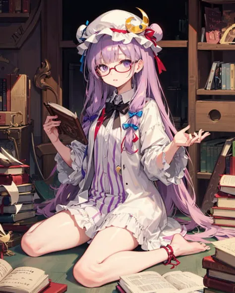 patchouli_knowledge, crescent, glasses, purple_hair, bespectacled, 1girl, barefoot, purple_eyes, hat_ornament, long_hair, solo, book, crescent_hair_ornament, crescent_hat_ornament,