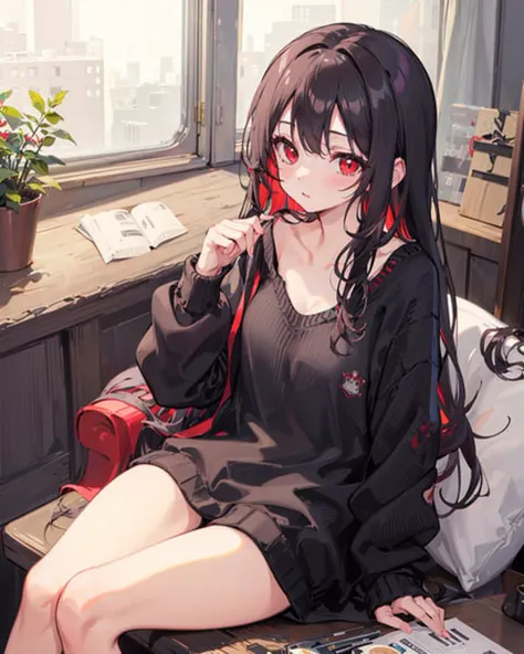 1girl, breasts, red_eyes, long_hair, long_hair, solo, blush, looking_at_viewer, collarbone, naked sweater,sitting,indoors,