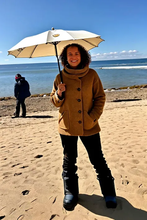 medium shot, <lora:diosaany3.1:0.7>, curly brown hair, realistic photo of a woman, at the beach, under an umbrella, wearing a large coat, wearing a turtleneck sweater, wearing a scarf, wearing a beenie, wearing ski pants, wearing ski boots, within Civitai TOS rules, within Civitai TOS guidelines, content that will not be deleted for breaking Civitai TOS, nothing sus, super G rated
