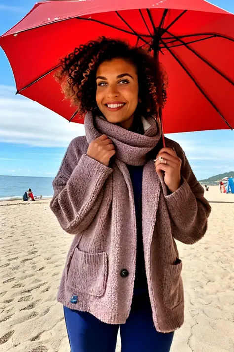 medium shot, <lora:diosaany3.1:0.75>, curly brown hair, realistic photo of a woman, at the beach, under an umbrella, wearing a large coat, wearing a turtleneck sweater, wearing a scarf, wearing a beenie, wearing ski pants, wearing ski boots, within Civitai TOS rules, within Civitai TOS guidelines, content that will not be deleted for breaking Civitai TOS, nothing sus, super G rated