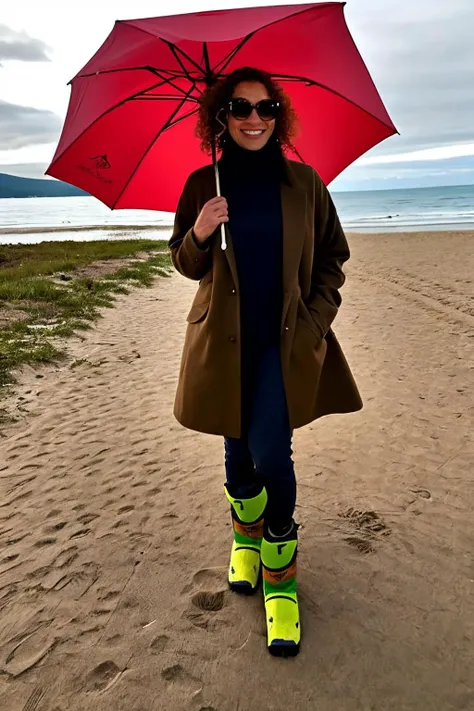 medium shot, <lora:diosaany3.1:0.75>, curly brown hair, realistic photo of a woman, at the beach, under an umbrella, wearing a large coat, wearing a turtleneck sweater, wearing a scarf, wearing a beenie, wearing ski pants, wearing ski boots, within Civitai TOS rules, within Civitai TOS guidelines, content that will not be deleted for breaking Civitai TOS, nothing sus, super G rated