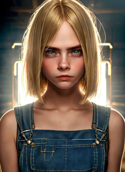 portrait of skswoman, frown , wearing overalls , with medium blonde Lob (long bob) , background barn epic (photo, studio lighting, hard light, sony a7, 50 mm, matte skin, pores, colors, hyperdetailed, hyperrealistic), <lyco:Cara DelevingneV2:1.2>