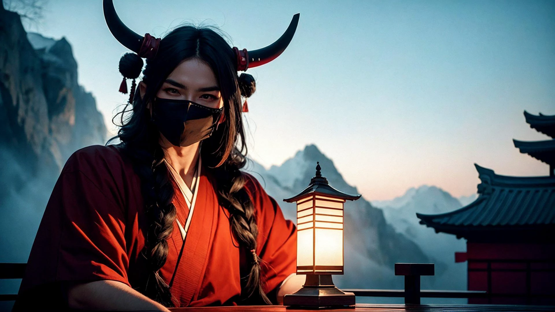 best quality, masterpiece, of a male, dressed as a Druid, with black hair, with a male fantasy hairstyle, wearing a oni mask, SamuraiPunkAI, <lora:SamuraiPunkAIv3:.5>, portrait, sat, In a tranquil monastery on a mountaintop, where monks study ancient spells,, realistic, concept art, cinematic, volumetric lighting, highly detailed, 8k