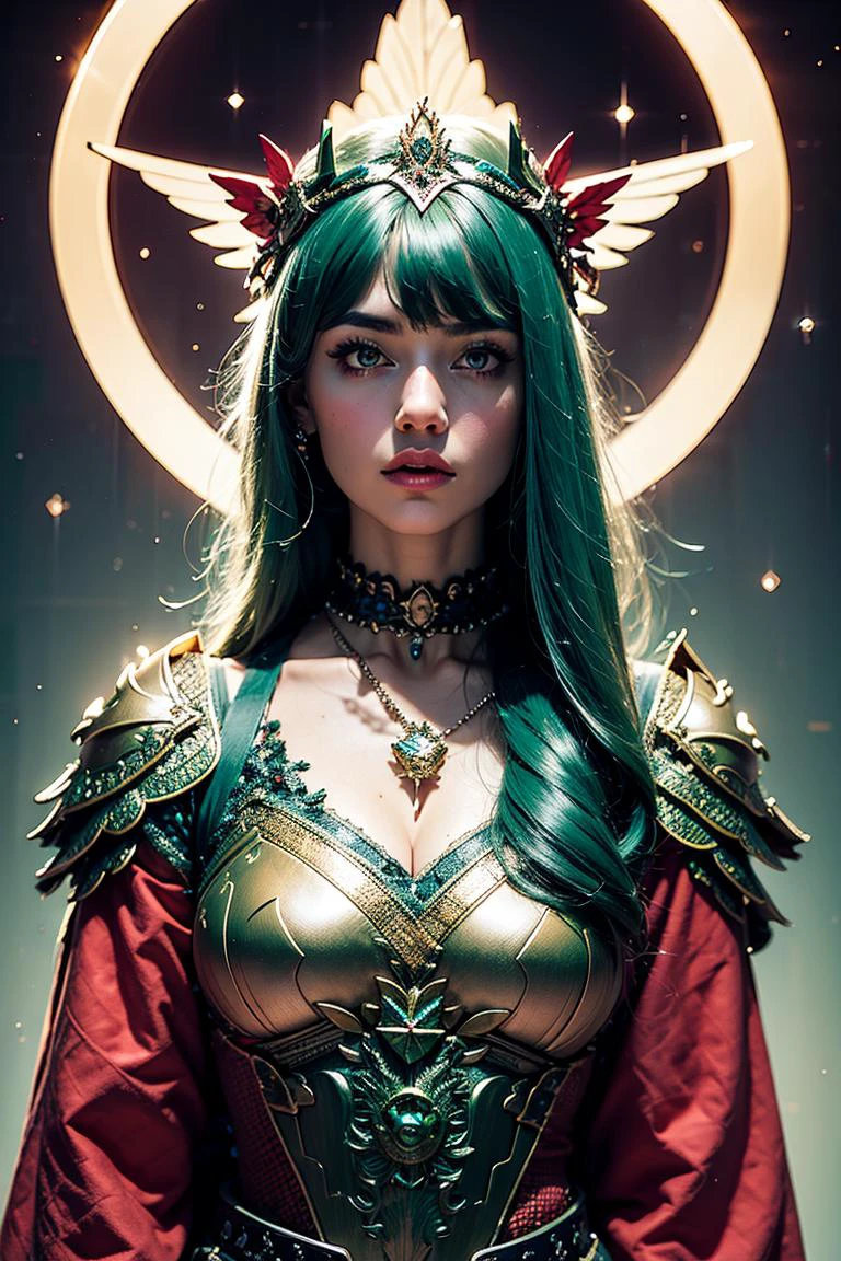 woman, <lora:ShinyDustSparkle:0.35>, ambrosia Masterpiece volumetric lighting light particles, Beautiful anime (1girl|woman:1.2) (mature female:1.3), teal eyes, teal hair, bangs, will-o'-the-wisp \(mythology\), feathers, tiara, beads, necklaces, arrow, ambience synesthesia, armor, ouroboros, oro, orange sunshine, Quetzalcoatl, ((green|red):1.3), serpent, ( \(flower\):1.3),