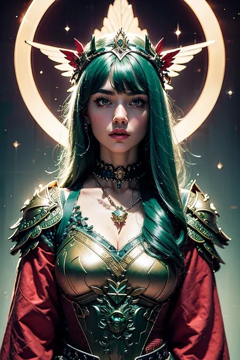 woman, <lora:ShinyDustSparkle:0.35>, ambrosia Masterpiece volumetric lighting light particles, Beautiful anime (1girl|woman:1.2) (mature female:1.3), teal eyes, teal hair, bangs, will-o'-the-wisp \(mythology\), feathers, tiara,  beads, necklaces, arrow,  ambience synesthesia,  armor, ouroboros,  oro, orange sunshine, Quetzalcoatl, ((green|red):1.3), serpent, ( \(flower\):1.3),