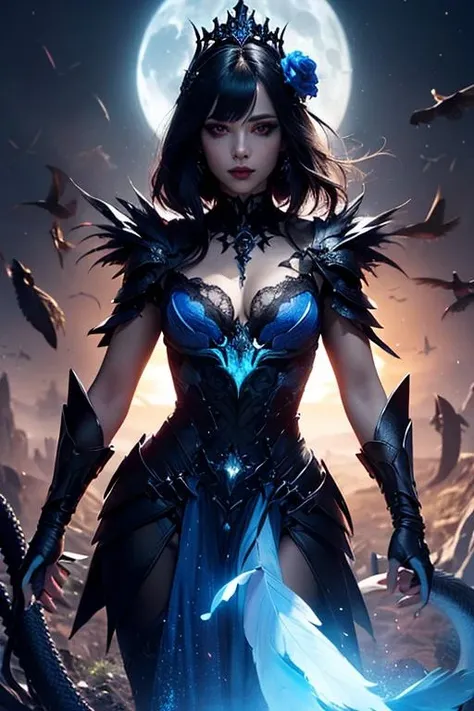 ambrosia Masterpiece volumetric lighting light particles, Beautiful anime (woman:1.2) (mature female:1.3), red eyes, black hair, bangs, will-o'-the-wisp \(mythology\), feathers, Crown,  beads, necklaces, arrow,  ambience synesthesia,  armor, ouroboros,  oro, purple moonlight, [witch|vampire], ((black|blue):1.3), serpent, ( \(flower\):1.3), crows,