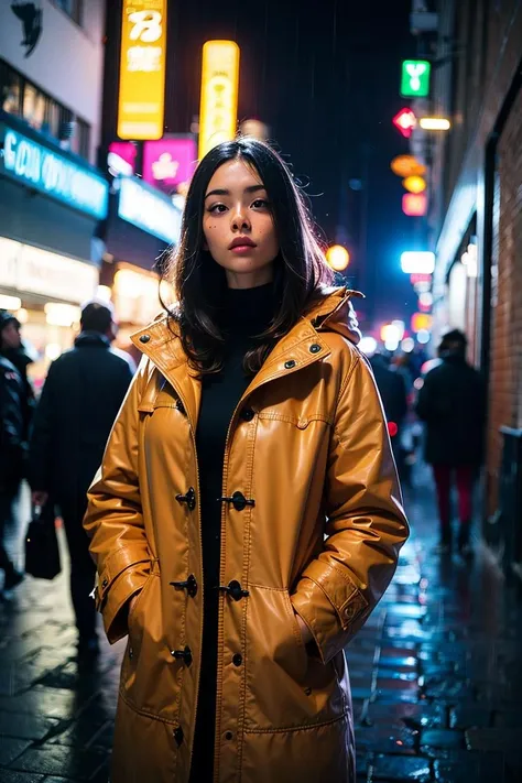 woman,night city,rain,coat,hands in pockets