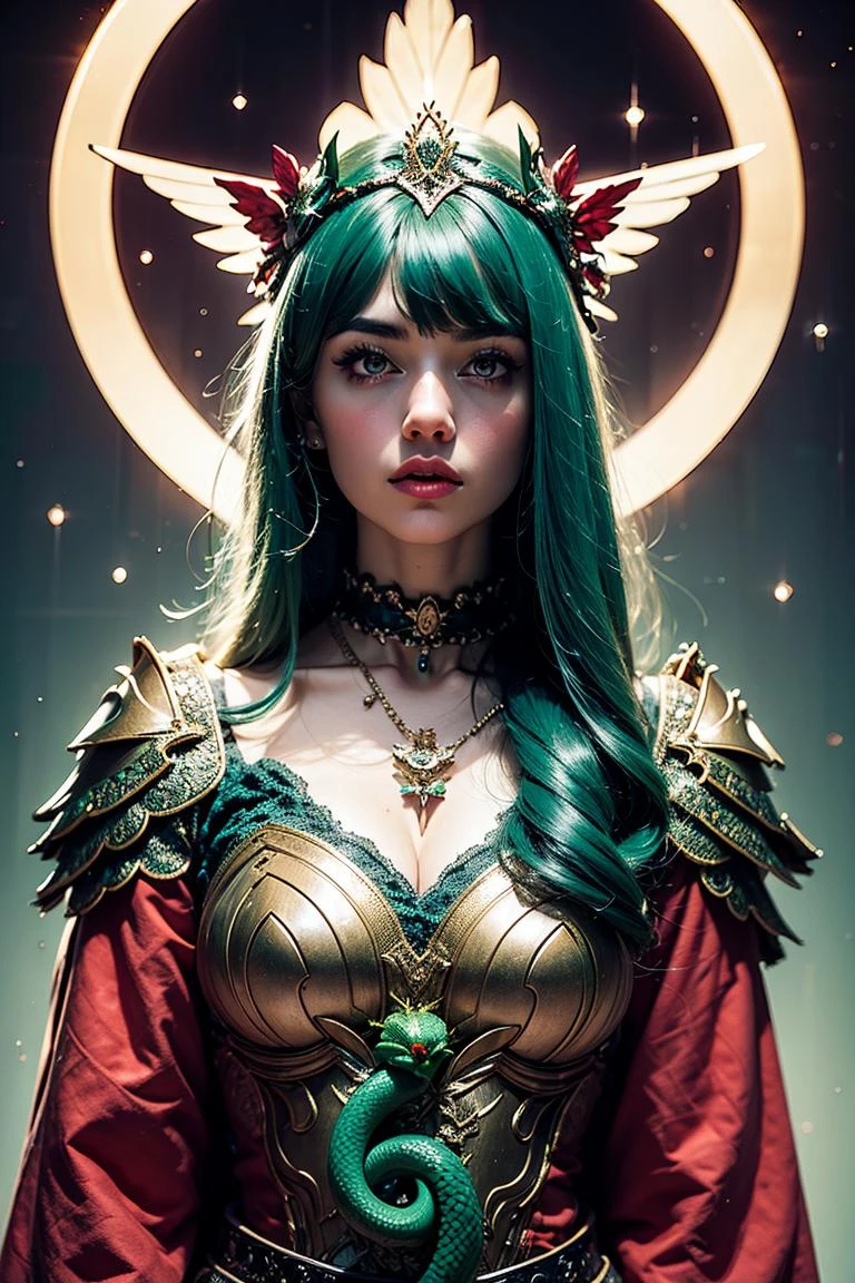 woman, <lora:ShinyDustSparkle:0.35>, ambrosia Masterpiece volumetric lighting light particles, Beautiful anime (1girl|woman:1.2) (mature female:1.3), teal eyes, teal hair, bangs, will-o'-the-wisp \(mythology\), feathers, tiara, beads, necklaces, arrow, ambience synesthesia, armor, ouroboros, oro, orange sunshine, Quetzalcoatl, ((green|red):1.3), serpent, ( \(flower\):1.3),