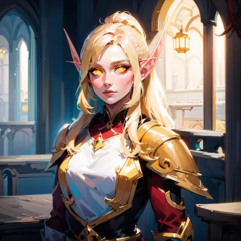 (masterpiece),best quality, Amazing, finely detailed, Depth of field, beautiful detailed eyes, looking at viewer, robes, 1girl, shebelf, glowing yellow eyes, no pupil, blonde hair, cathedral in the background, volumetric lighting, <lora:sxzBloodElvesWarcraft_sxzBloodElves:0.9>, small breasts, ponytail, armor, paladin, halo, elf