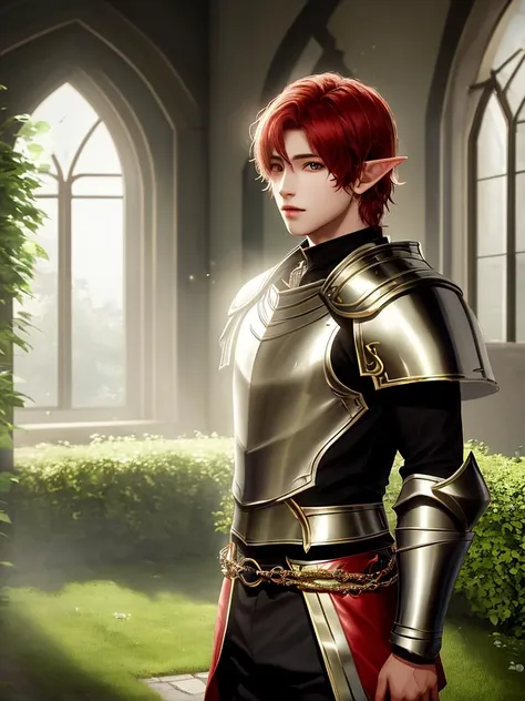 1boy, portrait of beautiful hebelf, red armor, golden pauldrons, red hair, middle part hair, elf ears, (glowing green eyes), medieval courtyard, nature, window, sunlight, athletic, volumetric lighting, best quality, masterpiece <lora:sxz-blood-elves:0.6>
