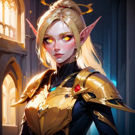 (masterpiece),best quality, Amazing, finely detailed, Depth of field, beautiful detailed eyes, looking at viewer, robes, 1girl, shebelf, glowing yellow eyes, no pupil, blonde hair, cathedral in the background, volumetric lighting, <lora:sxzBloodElvesWarcraft_sxzBloodElves:0.9>, small breasts, ponytail, armor, paladin, halo, elf