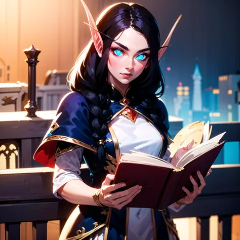 (masterpiece),best quality, Amazing, finely detailed, Depth of field, beautiful detailed eyes, looking at viewer, 1girl, shebelf, glowing blue eyes, no pupil, black hair, fantasy city in the background, standing on balcony, volumetric lighting, <lora:sxzBloodElvesWarcraft_sxzBloodElves:0.8>, small breasts, elegant robes, witch, braid, elf, holding book, magic